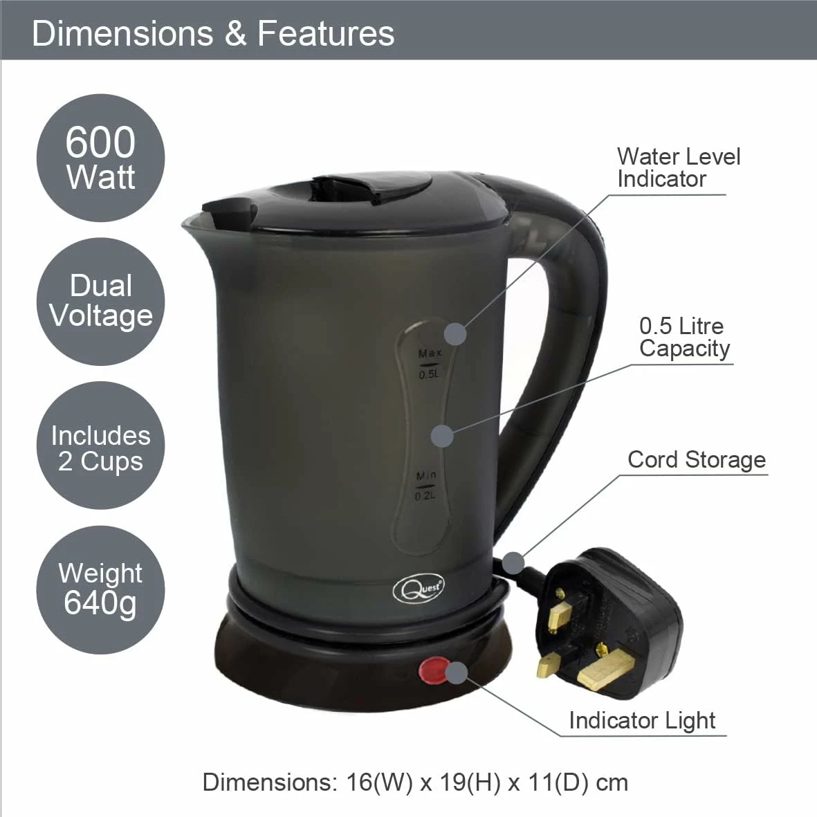 Quest 600w Low Wattage Travel Kettle - Image 2